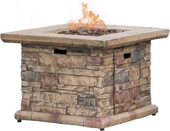 Outdoor Propane Fire Pit Table w Faux Ledgestone 32-inch Square Fire Table, 50,000 BTU Stainless Steel Burner, Free Lava Rocks
