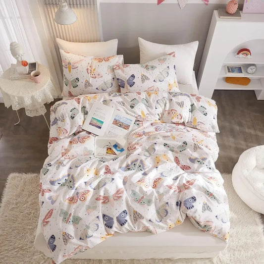Twin Duvet Cover Kids 100% Cotton Butterfly White for Cute Bedding Set 3Pcs Ultra Soft Breathable Patterned Cartoon Comforter