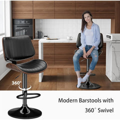 Swivel Bar Stools Set, Adjustable Bentwood Barstools for Kitchen Counter, Modern PU Leather Upholstered Bar Chair with Back