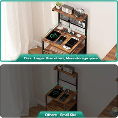 Tall Nightstand with Charging Station and LED Lights, Large Night Stands with Fabric Drawers, Bedside Table with Storage Shelves