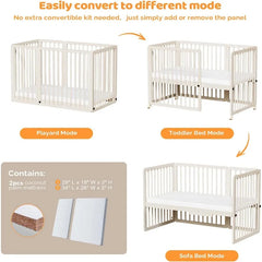 8-in-1 Convertible Crib with 2" Mattress, Convert from Bassinet, Mid Crib to Full Size Crib, Height Adjustable