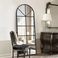 Floor Full Length Mirror, Black Arched-Top, Large Window Pane Mirror, Wall Mounted Mirror, 65"x22" Standing Mirror Hanging
