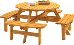 6 Person Outdoor Picnic Table, Round Picnic Table with 3 Built-in Benches, Umbrella Hole,Outside Wood Picnic Table and Bench Set