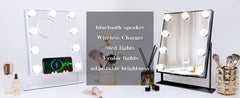 Lighted Vanity Mirror with Bluetooth Speaker & Wireless Charging, 3 Color Modes, 9 Dimmable Bulbs