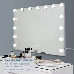 Vanity Mirror with Lights & Bluetooth Speaker, 15 Dimmable Bulbs, Touch Screen, USB Charging, 3 Color Modes