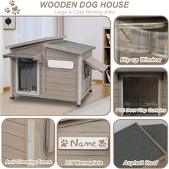 Outdoor Extra Large Dog House with Removable Floor, Raised Feet, Anti-Chewing Iron Frame – Wooden Kennel with Asphalt Roof