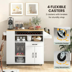 Kitchen Island Cart with Drop-Leaf & Power Outlet, Rolling Kitchen Cart on Wheels with Wine Rack, Glass Holder, Drawer,