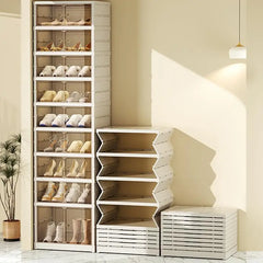 Foldable Shoe Rack, Collapsible Plastic Shoe Organizer With Doors Sturdy Easy To Assemble For Closet,Shoe Storage Boxes -9 Tier