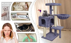 Multifunction Cat Tree with Cozy Hammock & Hanging Ball, Cat Tower with Activity Cat Condo Jute-Covered Scratching Posts, Grey