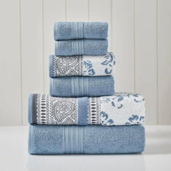 6 Piece Set, 2 Bath Towels, 2 Hand Towels, 2 Washcloths Yarn Dyed Jacquard/Solid Towel Set Ophelia Blue