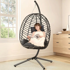 Indoor Outdoor Hanging Egg Chair with Stand, Patio Wicker Hammock Egg Swing Chair with Cushion for Bedroom Garden