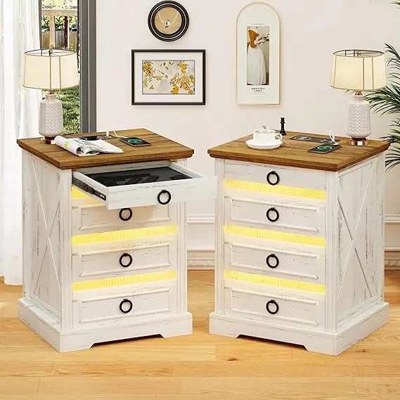 Bedside Table Set of 2 with Charging Station, LED Night Stand with Gun Drawer, Farmhouse Nightstands for Bedroom, End Table Rust