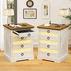 Bedside Table Set of 2 with Charging Station, LED Night Stand with Gun Drawer, Farmhouse Nightstands for Bedroom, End Table Rust