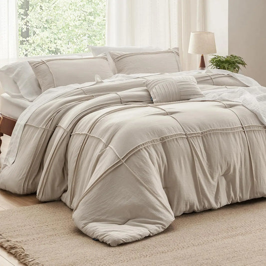 Bedsure King Comforter Set - 4 Pieces Grid Pleat Bed Set, Beige Boho Bedding for All Season, 1 Soft Comforter, 2 Pillowcases, 1