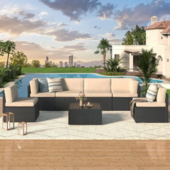 7 Piece Outdoor Patio Furniture Set, PE Rattan Outdoor Grey Wicker Furniture, Outdoor Sectional Furniture Chair Set with Cushion