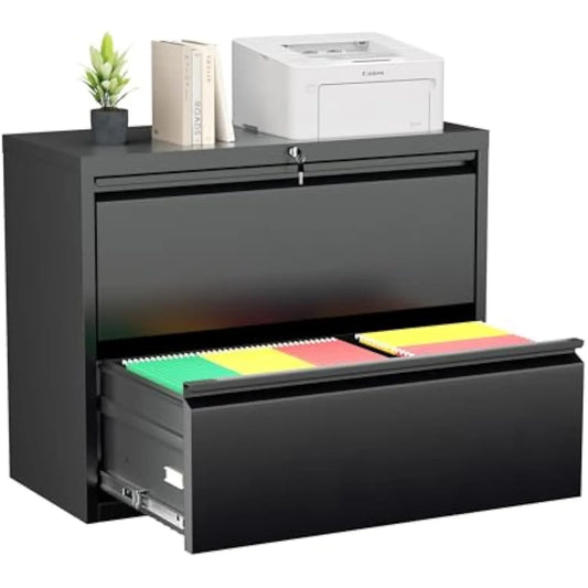 2 Drawer Filing Cabinet, Black Lateral File Cabinet with Lock, Office File Cabinets for Legal/Letter/A4/F4 Size with Hanging F