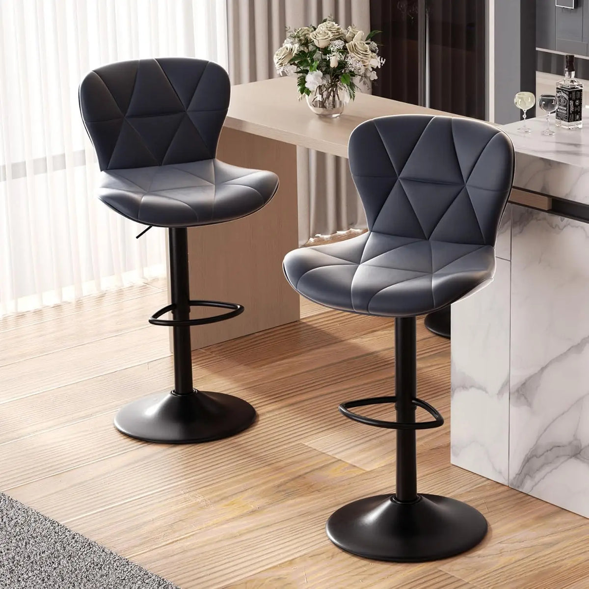 Modern Bar Stools Set of 2, Adjustable Faux Leather Upholstered Swivel Bar Stools, Counter Height Bar Chairs with Back