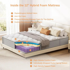 California King Mattress, 12 Inch Hybrid Gel Memory Foam Mattress with Pocket Springs, California King Size Mattress