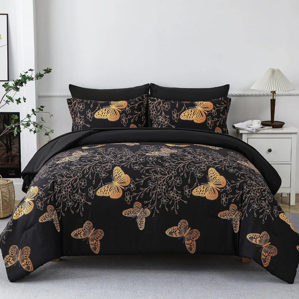 7 Piece Bed in a Bag King Size Comforter Set Black Bedding,Gold Butterfly Leaves Printed on Black Reversible Duvet Cover Set