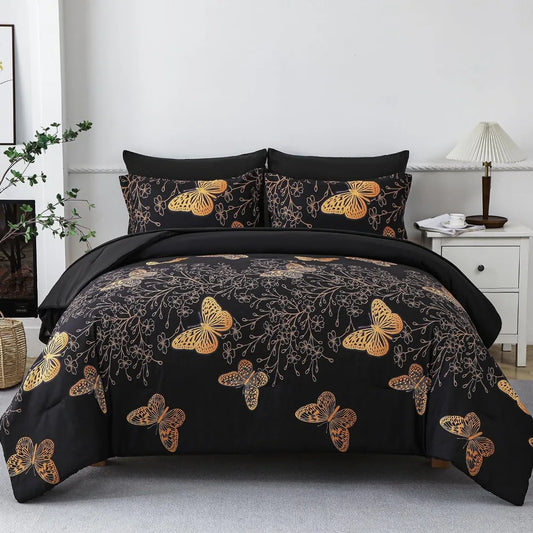 7 Piece Bed in a Bag King Size Comforter Set Black Bedding,Gold Butterfly Leaves Printed on Black Reversible Duvet Cover Set