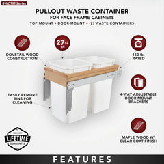 Double Pullout Trash Can for Base Kitchen/Bathroom Cabinets, 27 Qt Wood Top Mount Garbage Bin, 12" x 1.5" Face-Frame
