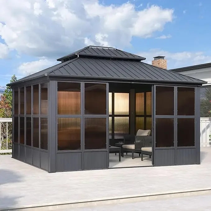 12' X 20' Sunroom, Permanent Hardtop Gazebo Solarium Galvanized Steel Double Roof Aluminum Outdoor Screen House for Patio Deck