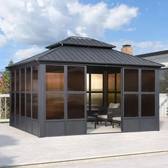 12' X 20' Sunroom, Permanent Hardtop Gazebo Solarium Galvanized Steel Double Roof Aluminum Outdoor Screen House for Patio Deck