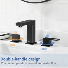 8 英寸 3 Hole Widespread Bathroom Faucet, 3 Pieces Two Handle Bathroom Sink Faucet with Pop-Up Drain and Supply Hose (Matte Bla)