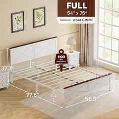 Queen Size Farmhouse Metal Platform Bed Frame with Headboard, Footboard & Under-Bed Storage