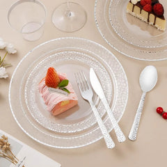 350PCS Clear Plastic Plates with Gold Trim for 50 Guests, Disposable Dinnerware Set for Party & Wedding, Includes 100 Plastic