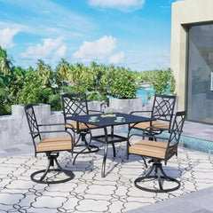 5-Piece Metal Outdoor Dining Set Swivel Cushioned Patio Furniture Sets Steel Slat Bistro Table Garden Lawn Multifunctional