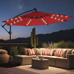10ft Solar Lights Offset Cantilever Patio Umbrella - with Light and Base, LED Lighted Offset Hanging Patio Outdoor Market