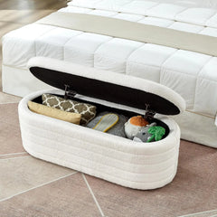 Modern Oval Storage Ottoman Bench – Upholstered Boucle Teddy Fabric with Hidden Storage, Black