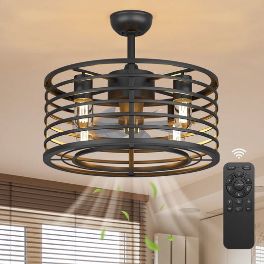 18-inch Caged Ceiling Fan with Light,Low Profile Ceiling Fan with Remote Control and Reversible Blades for Kitchen and Bedroom
