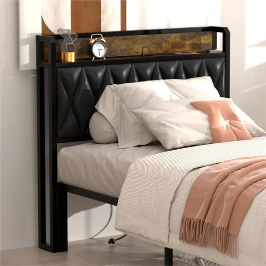 Twin Size Upholstered Headboard with Storage Shelf, USB & Type-C Charging Ports, and AC Outlets