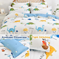 Kids Duvet Cover Set Full Size, Cotton Cartoon Car Truck Bedding Set for Boys Girls, 3 Pieces Soft Breathable White Yellow Plaid