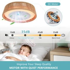 21" Modern Rustic Ceiling Fan Light with LED RGB Mood Lighting, Rope Woven Design, Quiet Fan, Semi Flush Mount for Bedroom