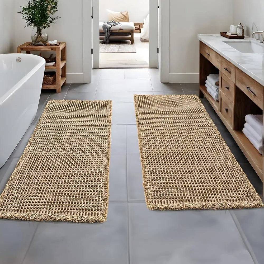 Set of 2 Waffle Bathroom Rugs Non Slip Washable Ultra Absorbent Runner Mats Comfortable Soft Bath Floor Mats