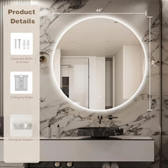 Round Led Bathroom Mirror, 44 Frameless Backlit Wall Mounted Vanity Mirror with Lights, Anti-Fog Smart Mirror, Ip65 Waterproof,