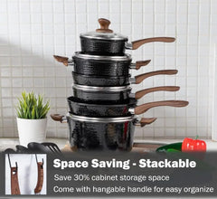 Pots and Pans Set Non Stick - 15 Pcs Black Induction Kitchen Cookware Sets, Healthy Non-toxic Hammered Cooking Pans Set