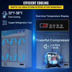 SucceBuy Triple Swing Door Commercial Refrigerator Display Fridge Upright Beverage Cooler Glass Door with LED Light
