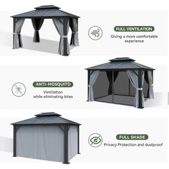 10'x 12' Hardtop , Outdoor Dual-Layer Galvanized Steel Double Roof Canopy with Netting and Curtains, Gazebos