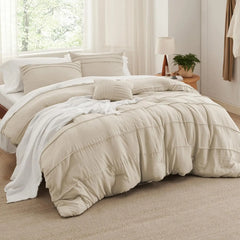 Bedsure King Comforter Set - 4 Pieces Grid Pleat Bed Set, Beige Boho Bedding for All Season, 1 Soft Comforter, 2 Pillowcases, 1