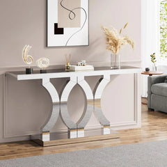 Mirrored Console Table, Entryway Table with Geometric Base, Modern Sofa Table Behind Couch for Living Room, Accent Tab