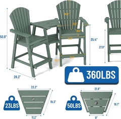 Tall Adirondack Chairs Set of 2,Recycled Poly Balcony Chair with Double Connecting Tray Patio Stools Weather Resistant
