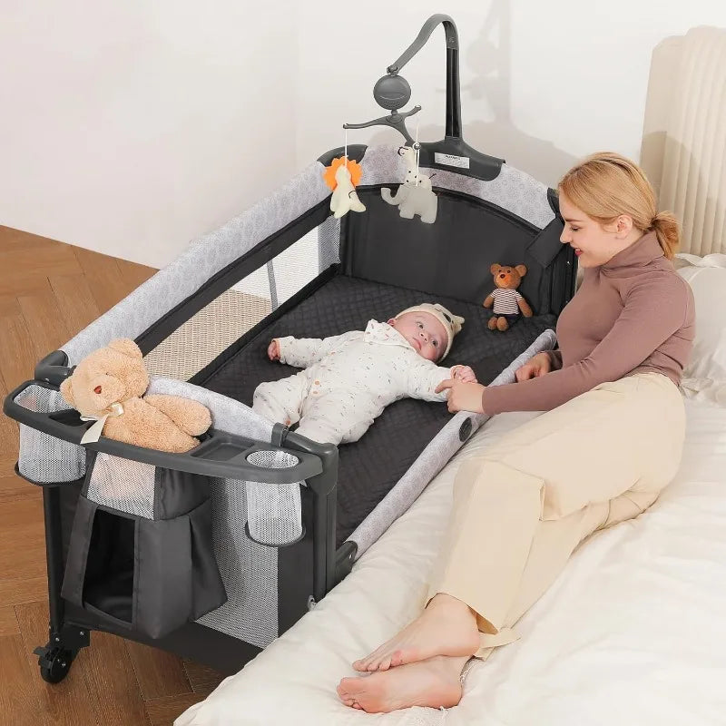 home.4 in 1 Wide Baby Bassinet Bedside with Diaper Changer,Long Next to Bed Crib with Mattress,Sheet,Music and Blackout