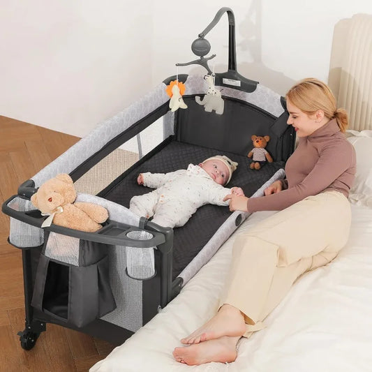 home.4 in 1 Wide Baby Bassinet Bedside with Diaper Changer,Long Next to Bed Crib with Mattress,Sheet,Music and Blackout