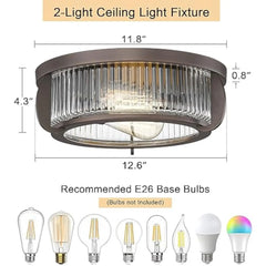 12 英寸 Ceiling Light Fixtures Flush Mount 2-Light Ceiling Lights with Stripe Glass, Industrial Indoor Outdoor Ceiling Lights F