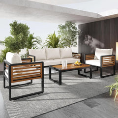 4-Pieces Outdoor Patio Sectional Sofa Set with Table, All-Weather 5 Person Conversation Set with Thick Cushions and Pillows