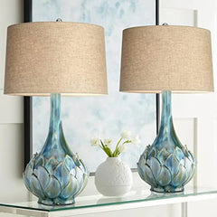 Tropical Coastal Ceramic Table Lamps Set Green Blue Beige Shade Kenya Bedroom 29.5